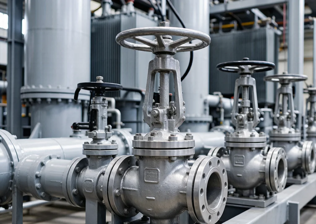 Row of flanged gate and globe valves mounted on a process skid in a power plant